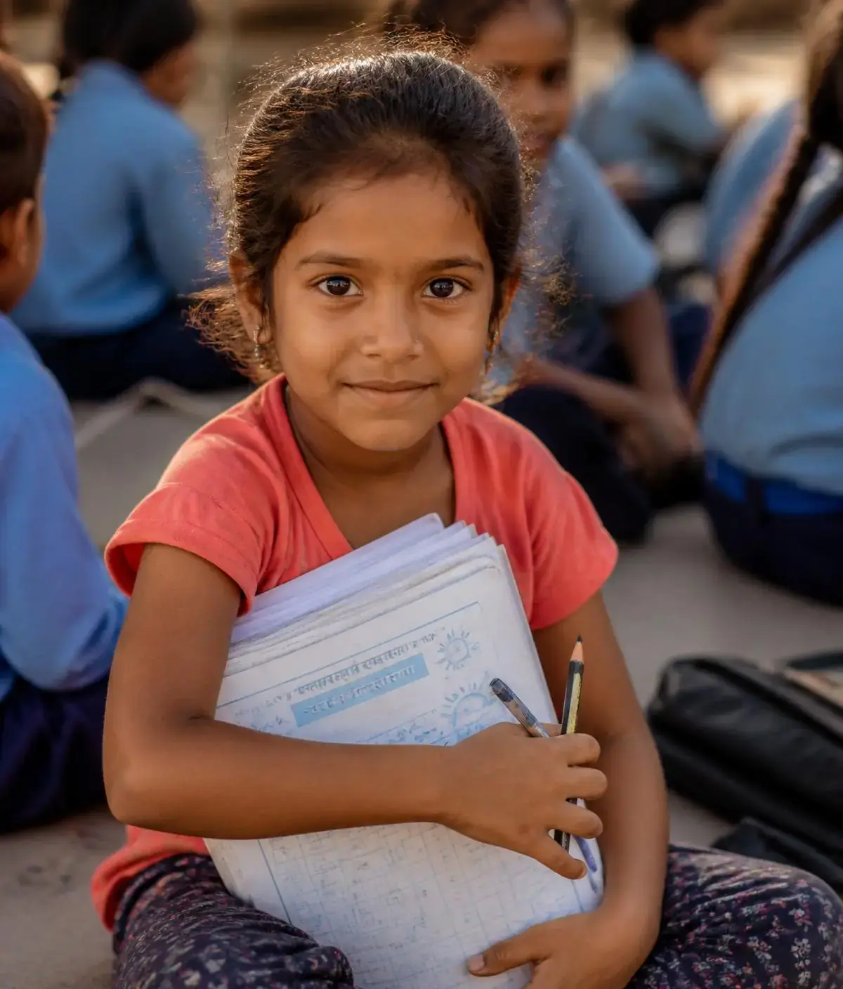 Young Indian girl holding schoolbooks and pencils, smiling into the camera